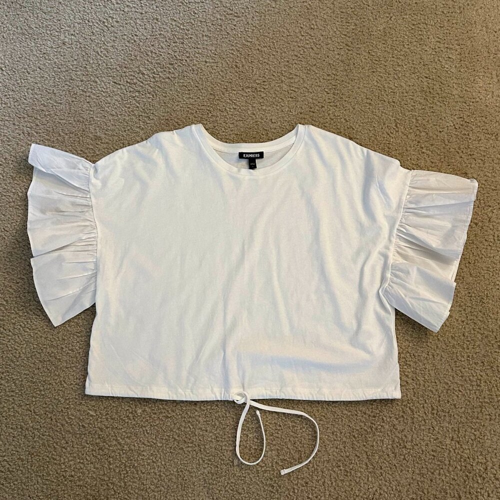 Express White Ruffle Sleeve Crop Top
